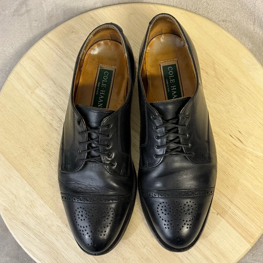 Cole Haan Mens Black Leather Cap Toe Brogue Derby Shoes Made in USA PM650 8C